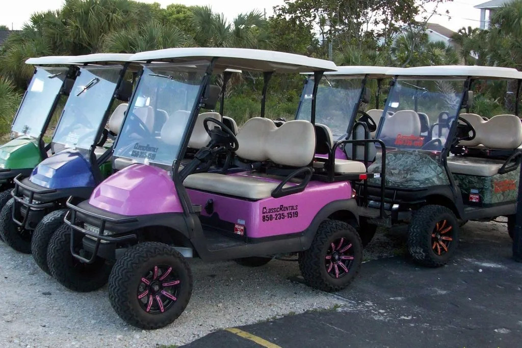 Classic Rentals golf cart fleet on Panama City Beach